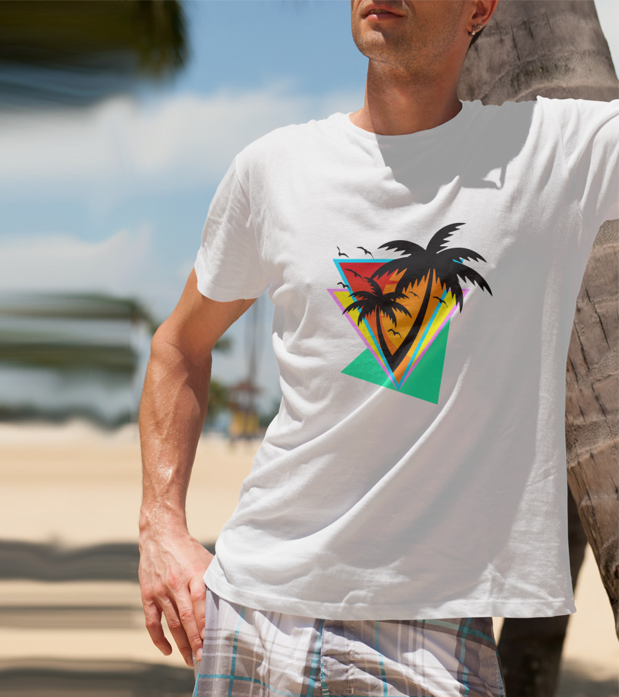The Sea And You Tropical Palm Sunset With Geometric Triangles And Birds T-Shirt