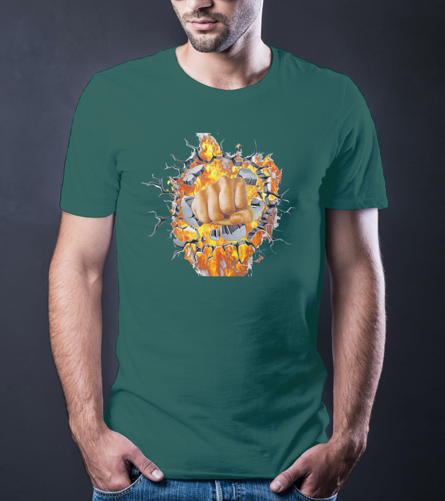 Steel Hands Fist Breaking Through Fiery Wall T-Shirt