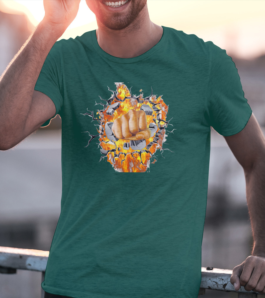 Steel Hands Fist Breaking Through Fiery Wall T-Shirt
