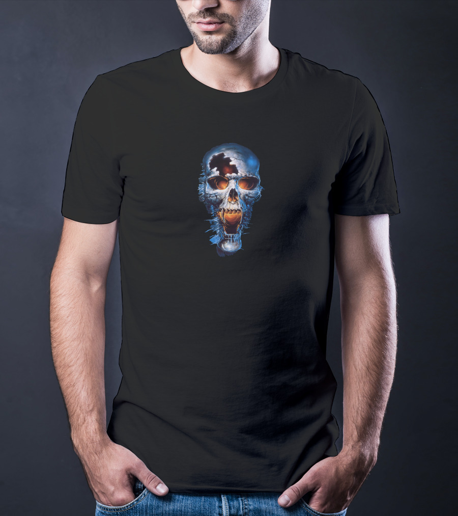 Skull Halloween Blue Metallic Fiery Eyes T-Shirt