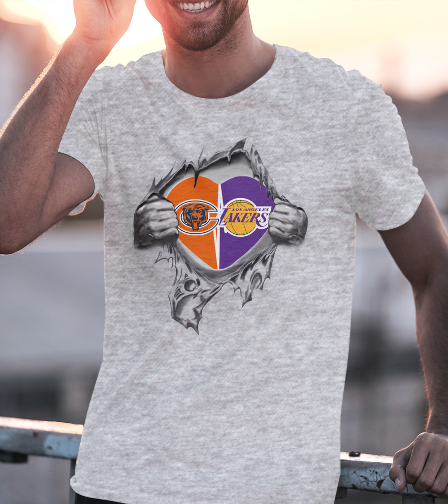 Bears And Los Angeles Lakers Logos Combined In Heart Shape Torn T-Shirt