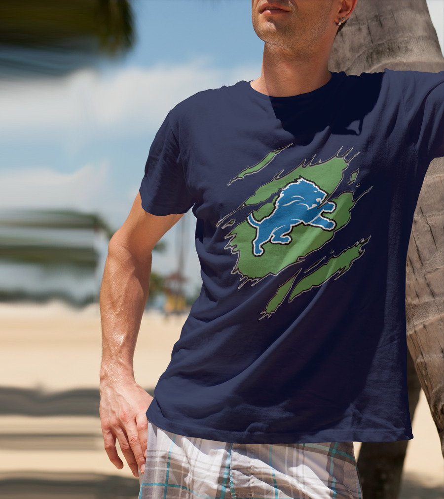 Detroit Lions Blue Roaring Lion With Claw Marks T-Shirt