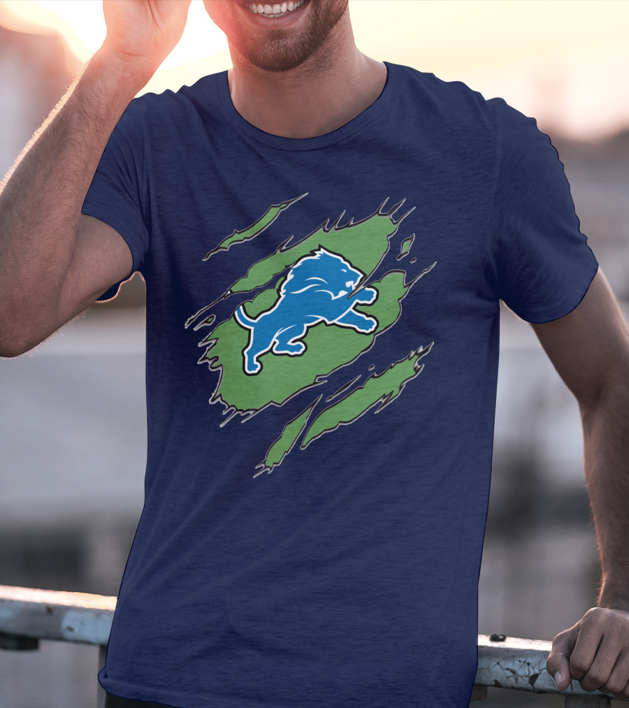 Detroit Lions Blue Roaring Lion With Claw Marks T-Shirt