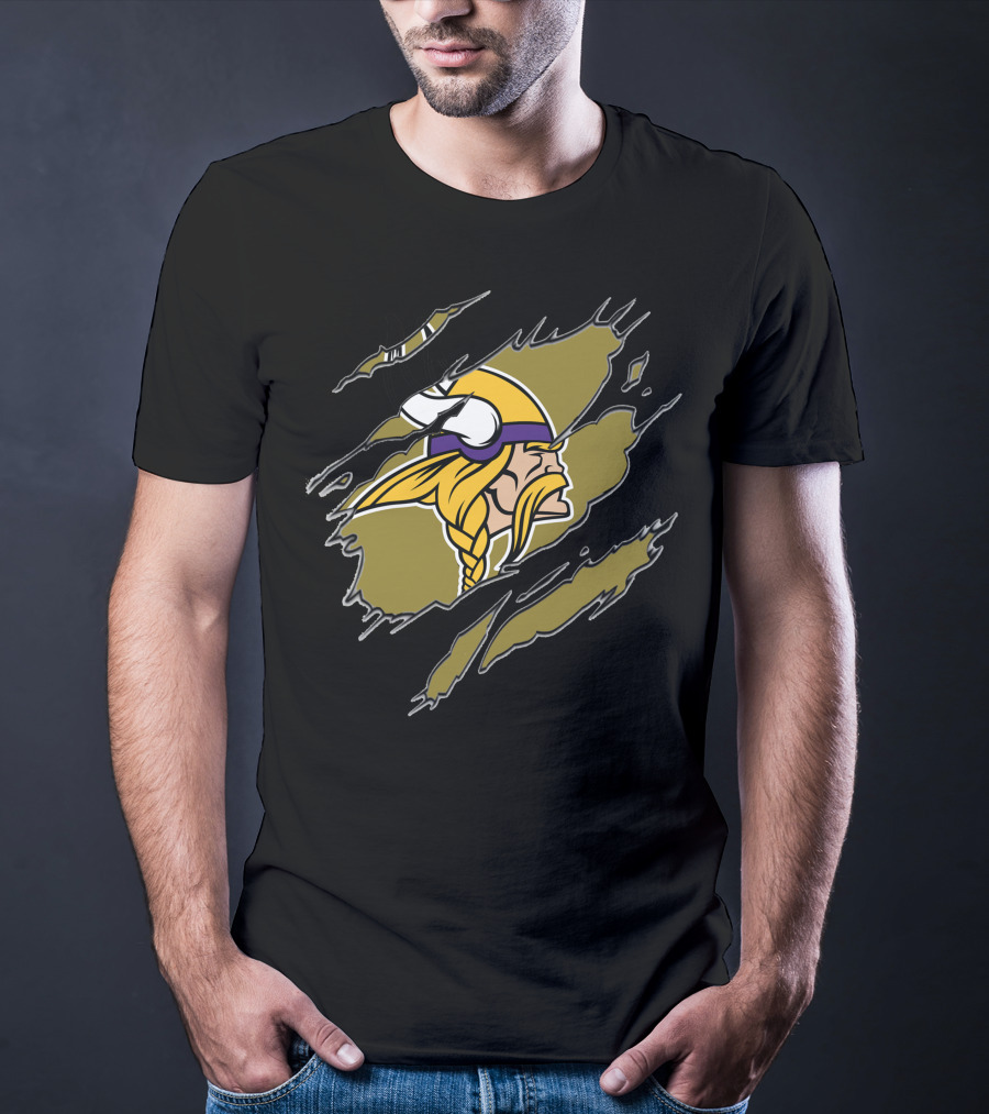 Minnesota Vikings Helmet And Warrior Tear Effect T-Shirt