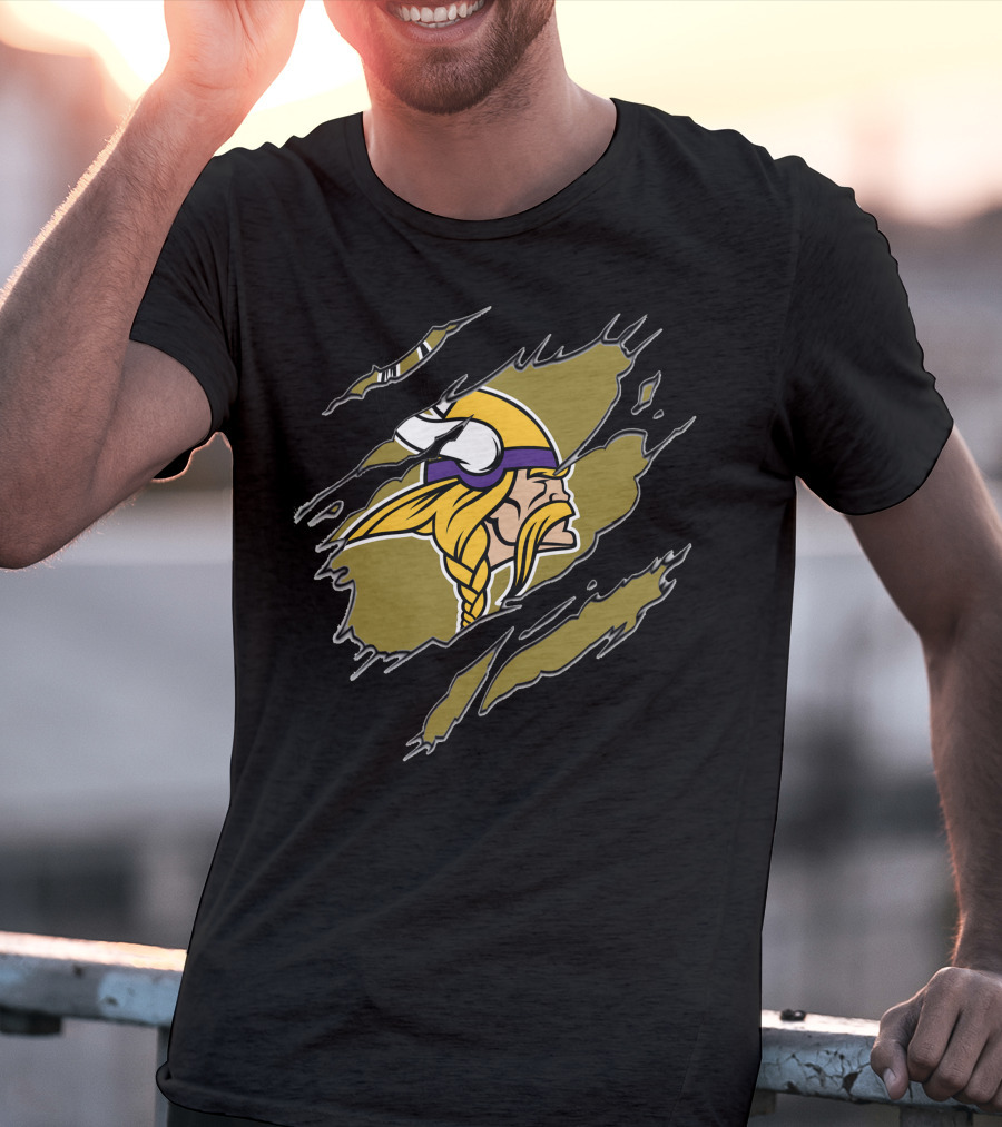 Minnesota Vikings Helmet And Warrior Tear Effect T-Shirt