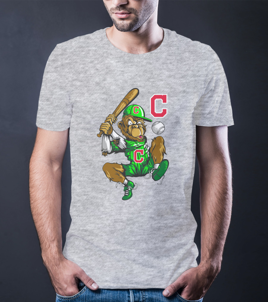 Cleveland Indians Home Run C Logo Green Jersey Baseball Bat Mascot T-Shirt