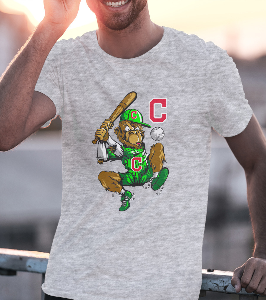 Cleveland Indians Home Run C Logo Green Jersey Baseball Bat Mascot T-Shirt