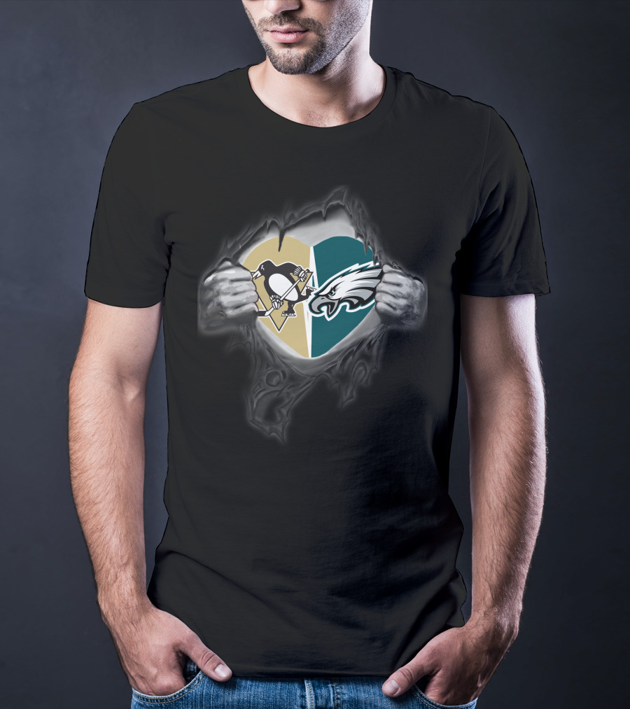 Philadelphia Eagles Pittsburgh Penguins Heart Combination T-Shirt