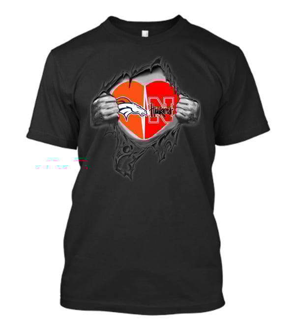Broncos Huskers Logo Heart Rip T-Shirt