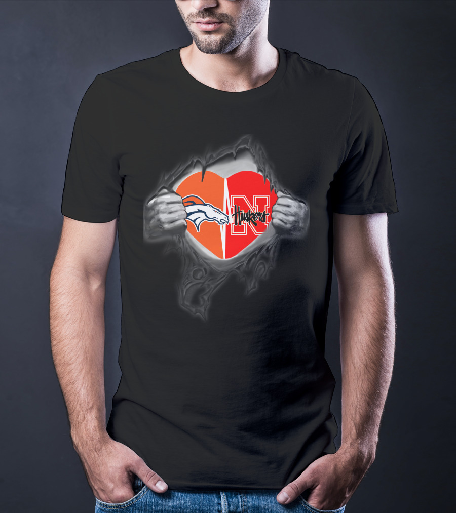 Broncos Huskers Logo Heart Rip T-Shirt