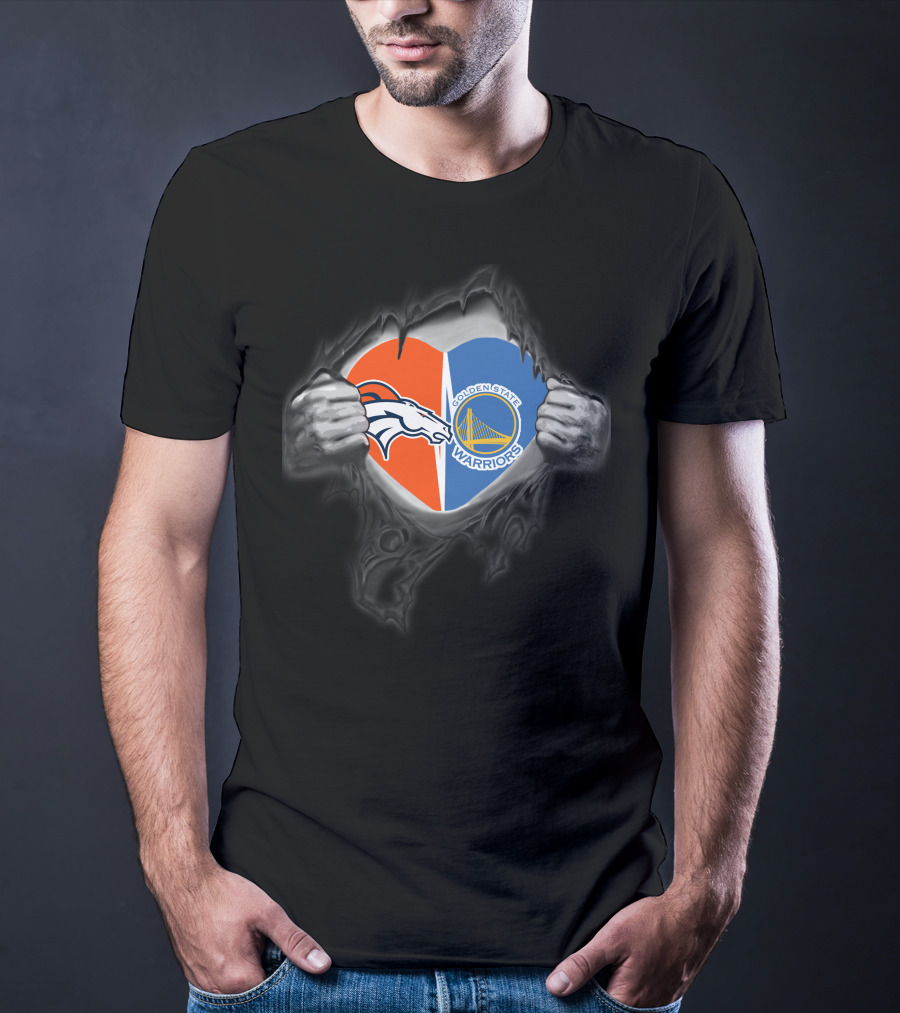 Broncos Warriors Heart With Denver Broncos And Golden State Warriors T-Shirt