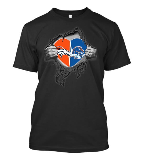 Denver Broncos Boise State Heart Split Logos Torn Chest T-Shirt