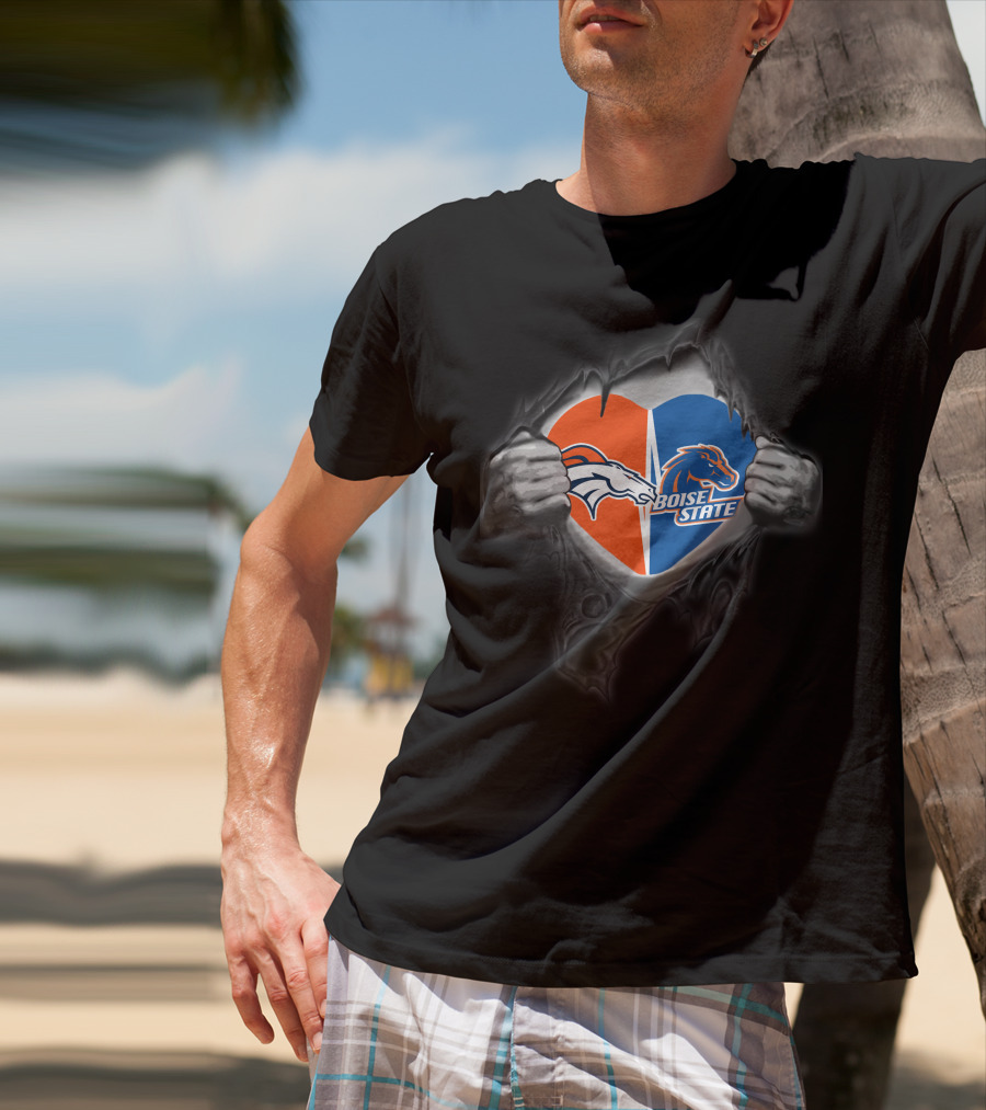 Denver Broncos Boise State Heart Split Logos Torn Chest T-Shirt