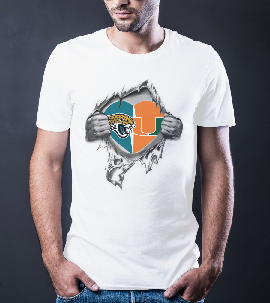 Jaguars Miami Hurricanes Heart Symbol Ripping T-Shirt