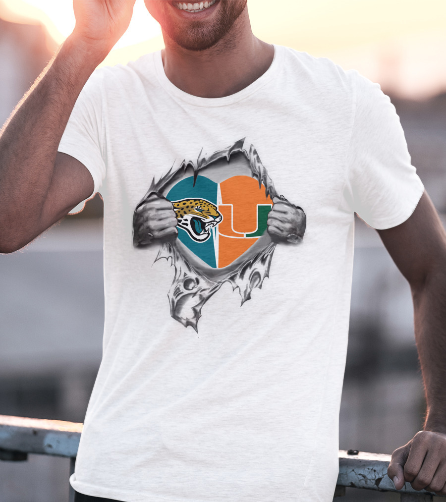 Jaguars Miami Hurricanes Heart Symbol Ripping T-Shirt