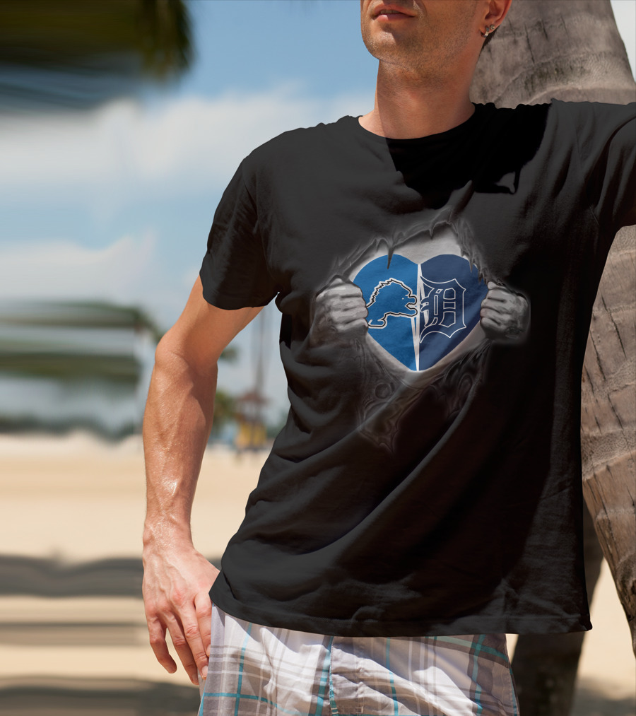 Lions Tigers Heart Logo Design Showcasing Detroit Teams Passion T-Shirt