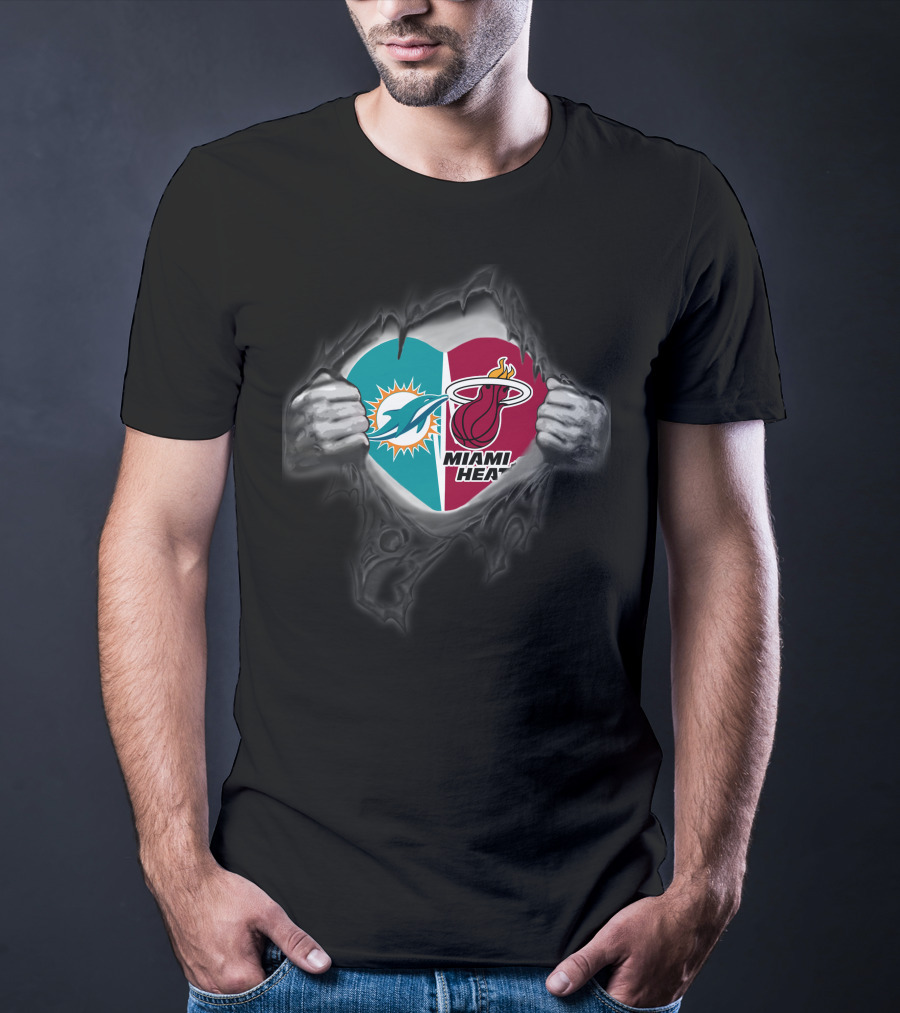 Miami Dolphins Miami Heat Heart Logo Fusion T-Shirt