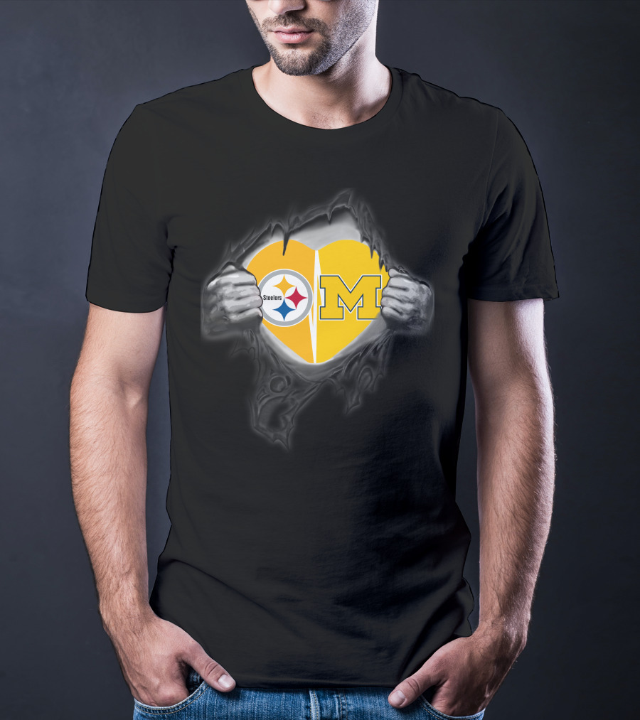 Steelers And Michigan Heart Symbol Inside Ripped Skin T-Shirt