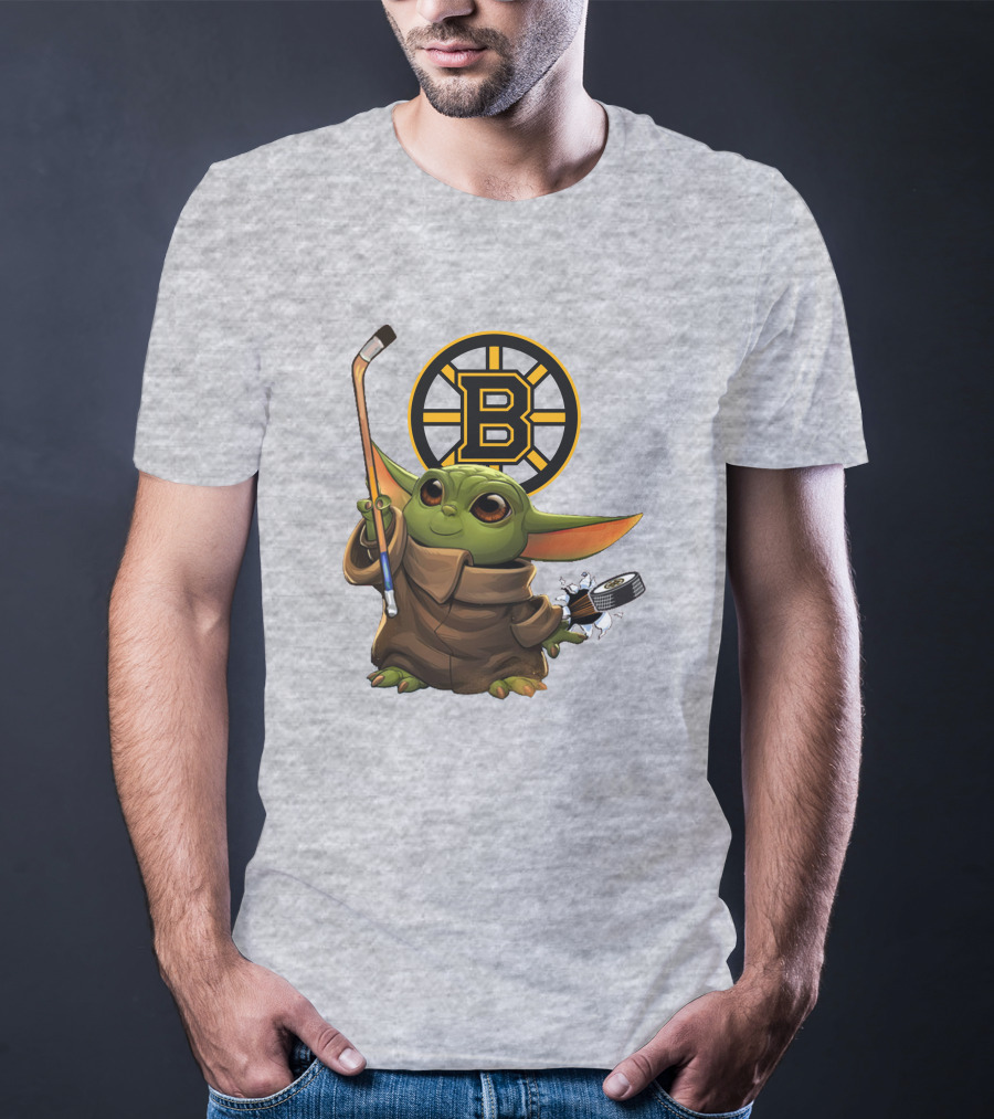 Boston Bruins Baby Yoda Hockey Stick Puck Character T-Shirt
