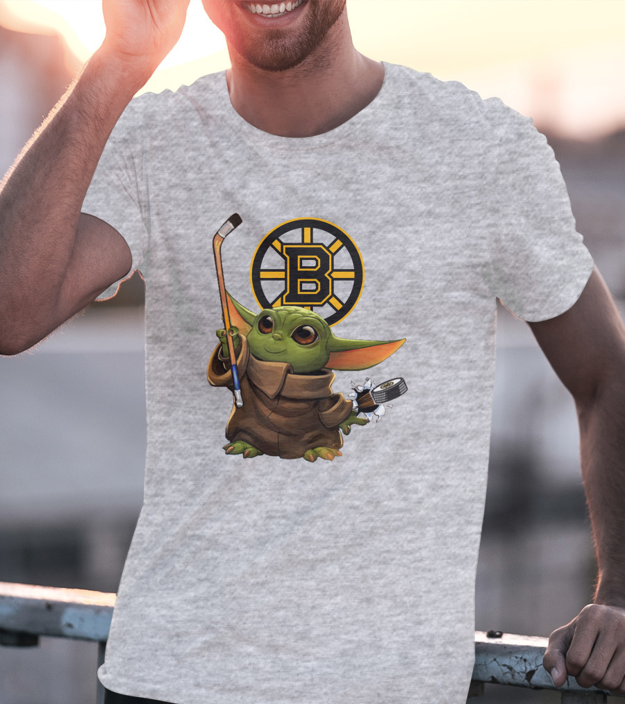 Boston Bruins Baby Yoda Hockey Stick Puck Character T-Shirt
