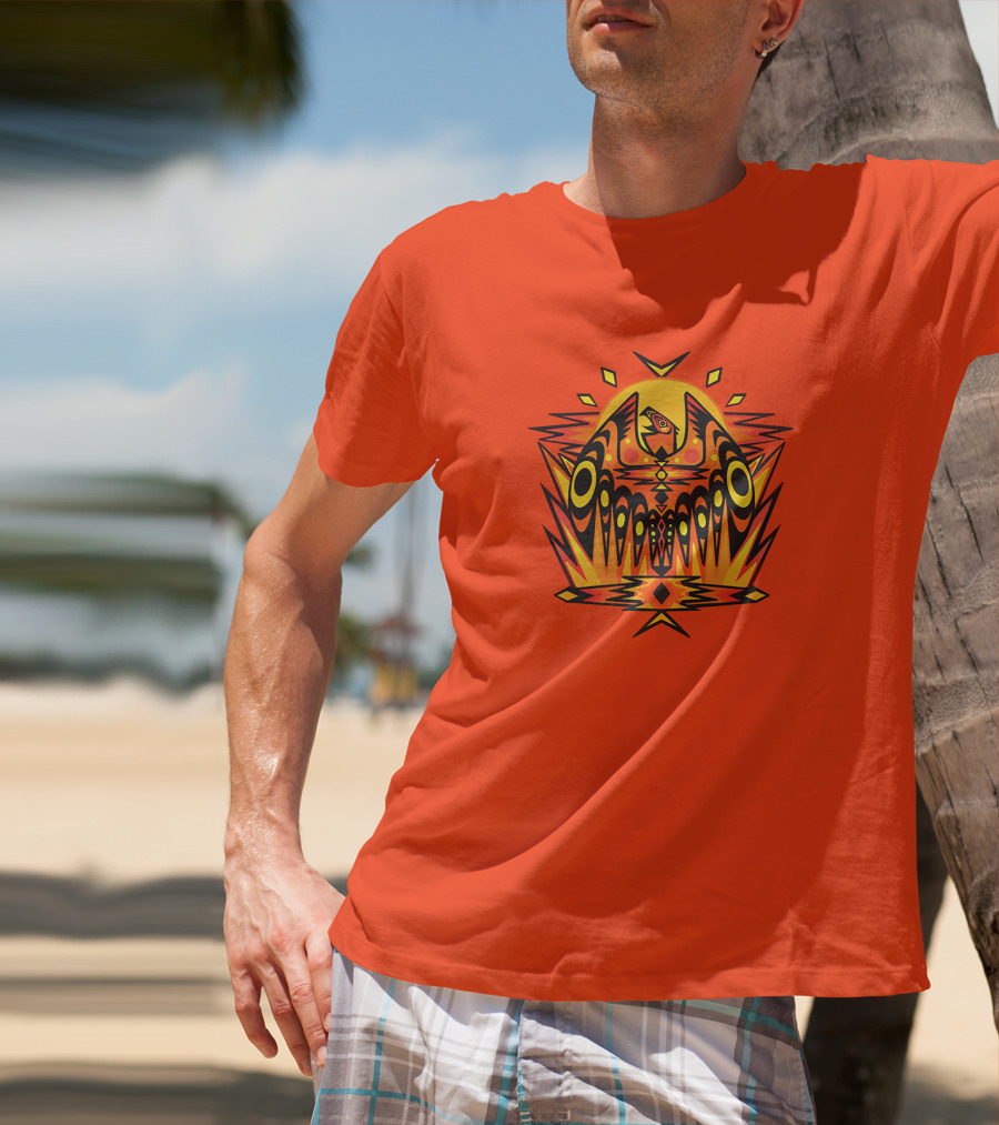 Howl Out Golden Eagle Rises Tribal Pattern On Bold Orange Background T-Shirt