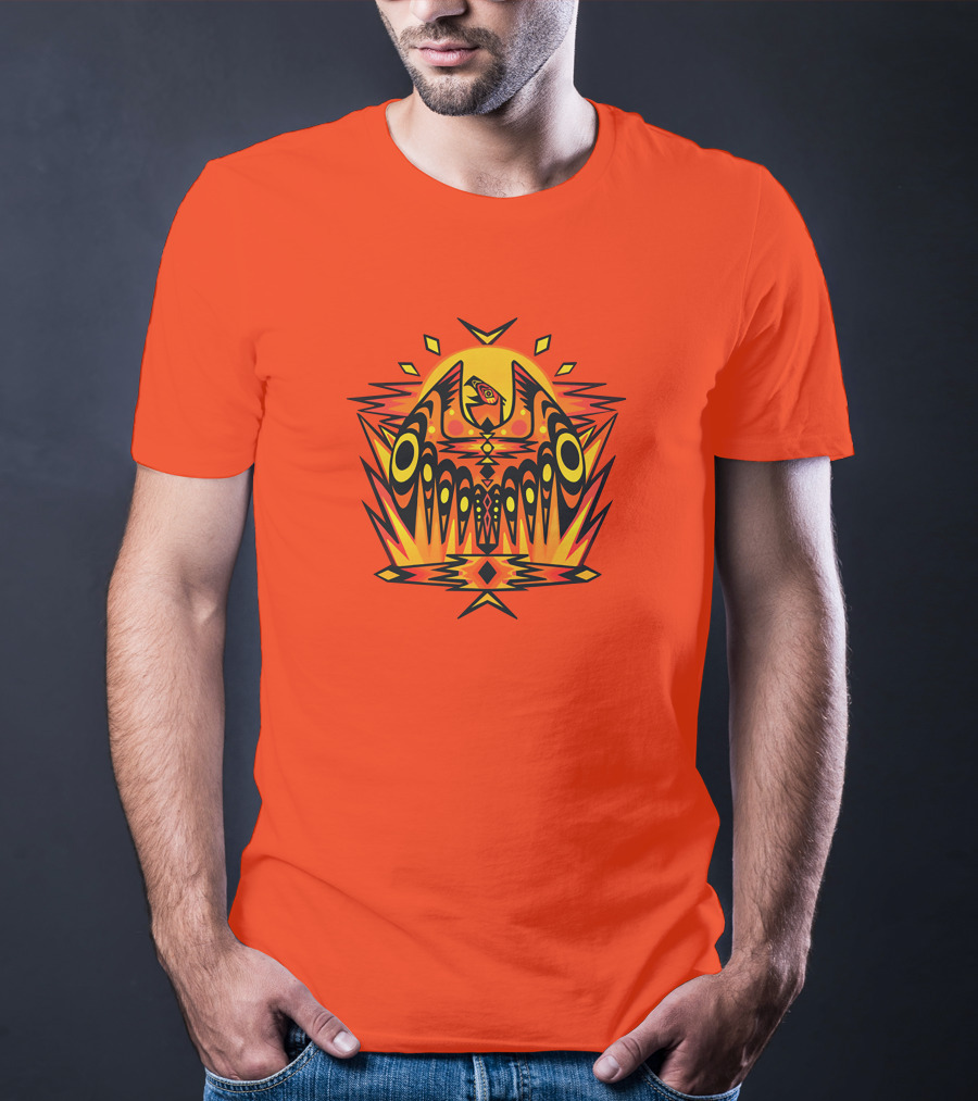 Howl Out Golden Eagle Rises Tribal Pattern On Bold Orange Background T-Shirt