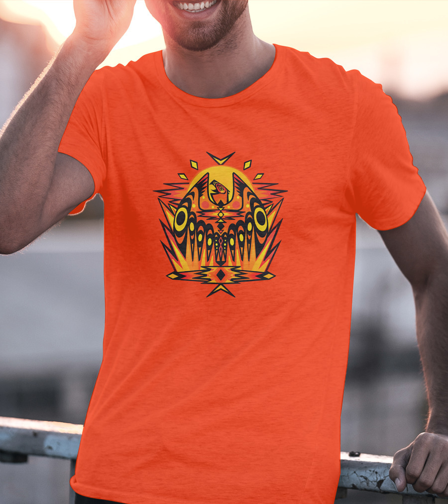 Howl Out Golden Eagle Rises Tribal Pattern On Bold Orange Background T-Shirt