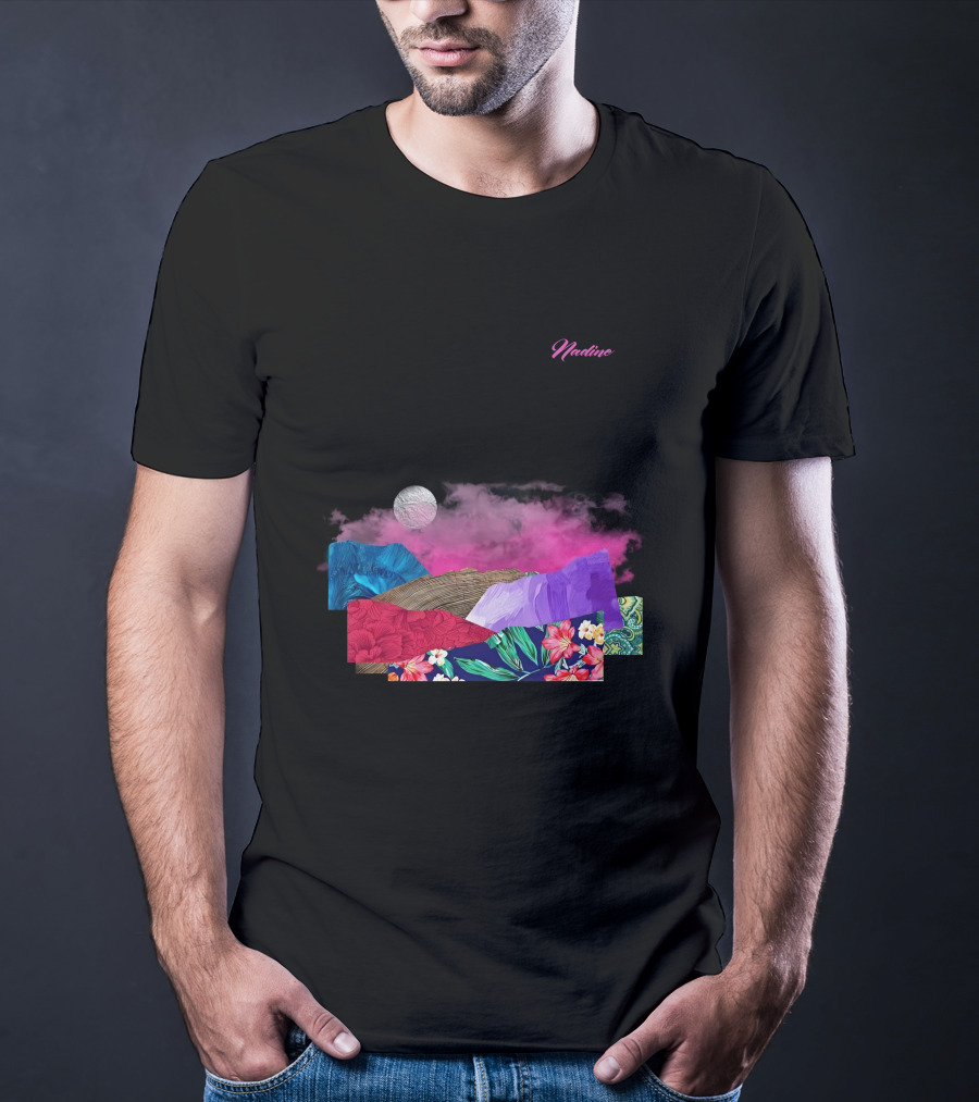 Nadine Lott Vibrant Floral Pattern With Pink And Blue Textures And White Moon T-Shirt