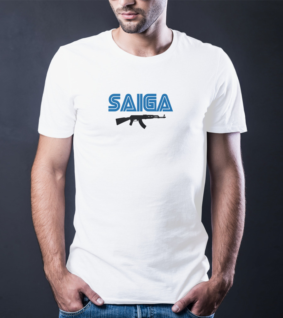 SAIGA AK47 Rifle Bold Blue Text T-Shirt