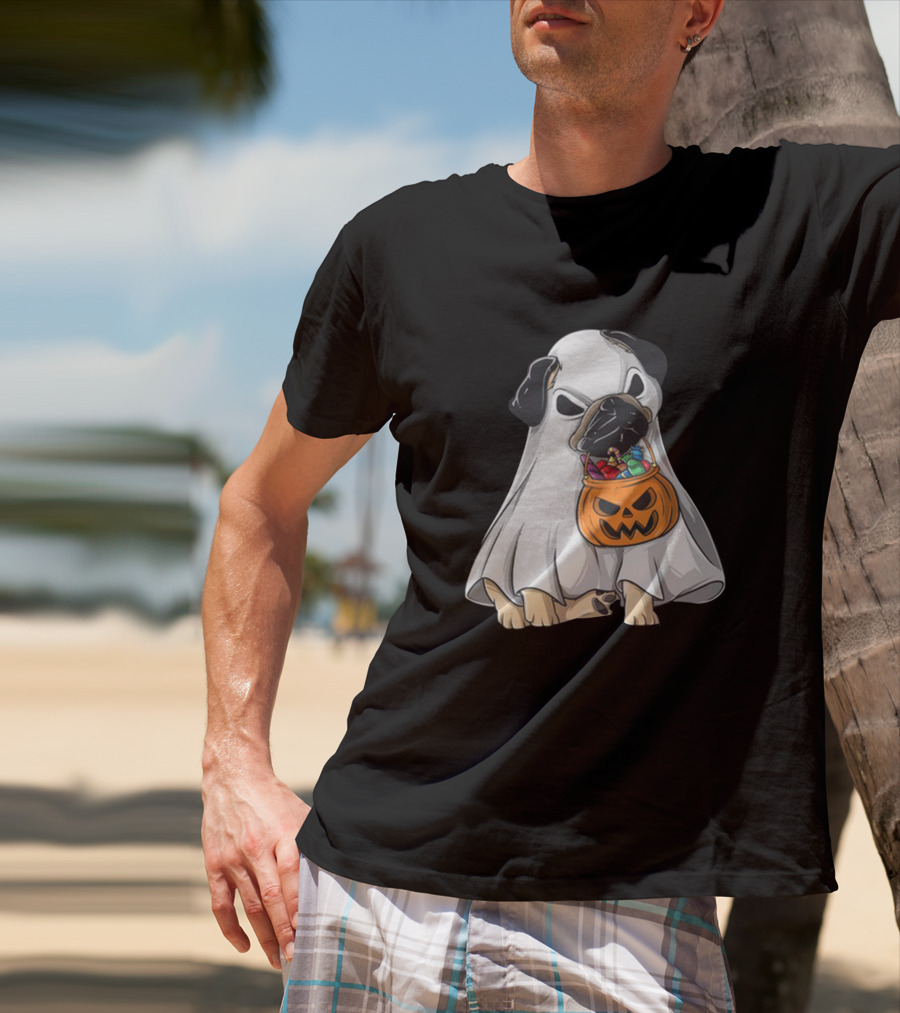 Bestee Shops Ghost Pug With Halloween Candy Bucket T-Shirt