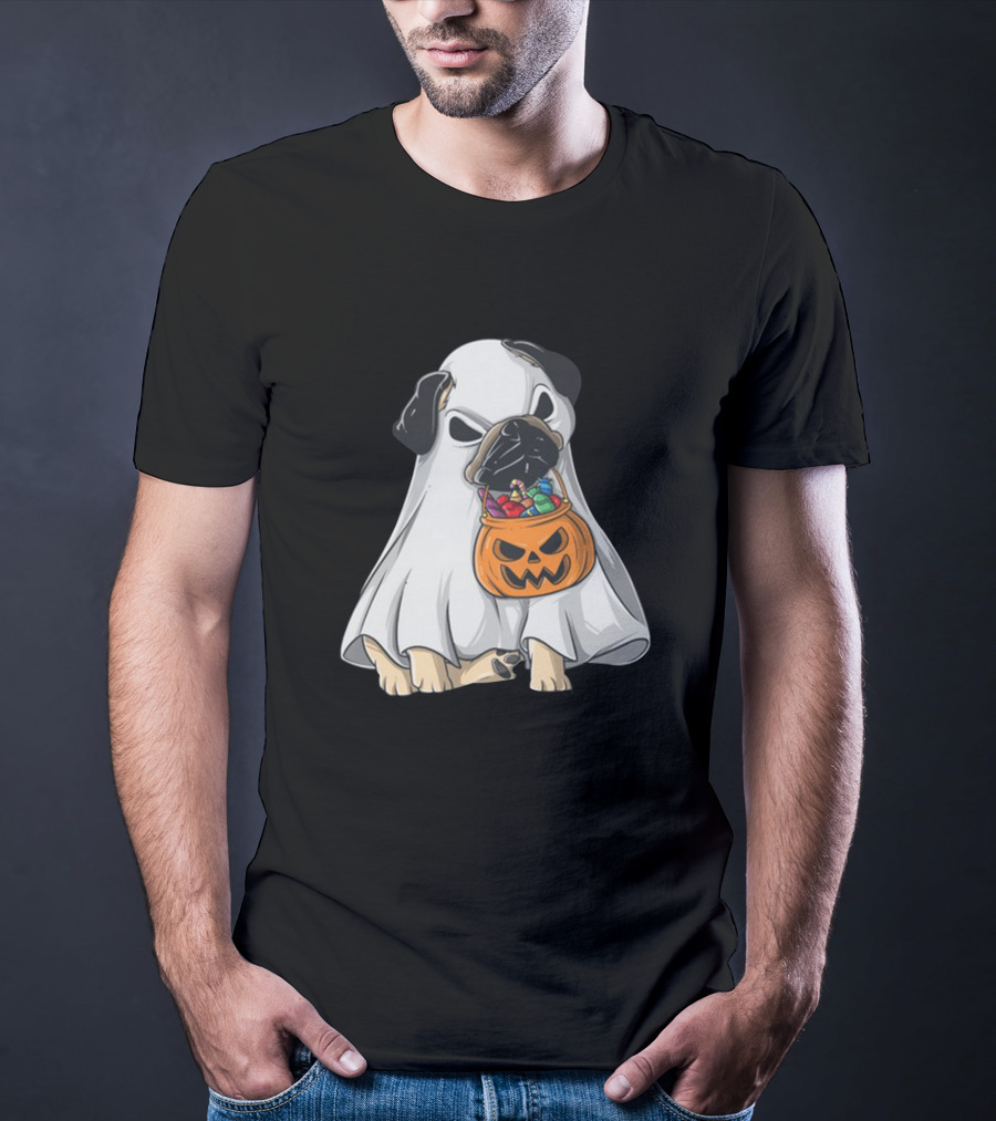 Bestee Shops Ghost Pug With Halloween Candy Bucket T-Shirt