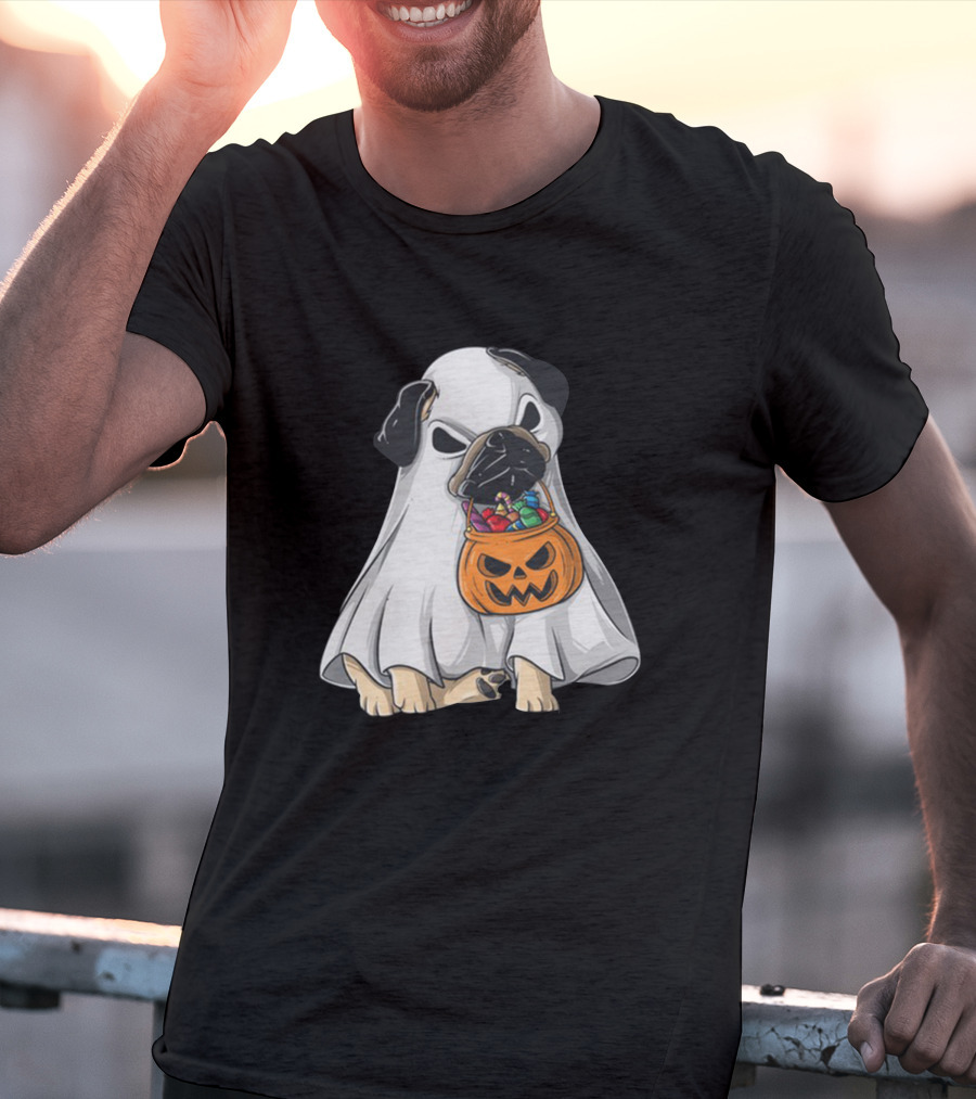 Bestee Shops Ghost Pug With Halloween Candy Bucket T-Shirt