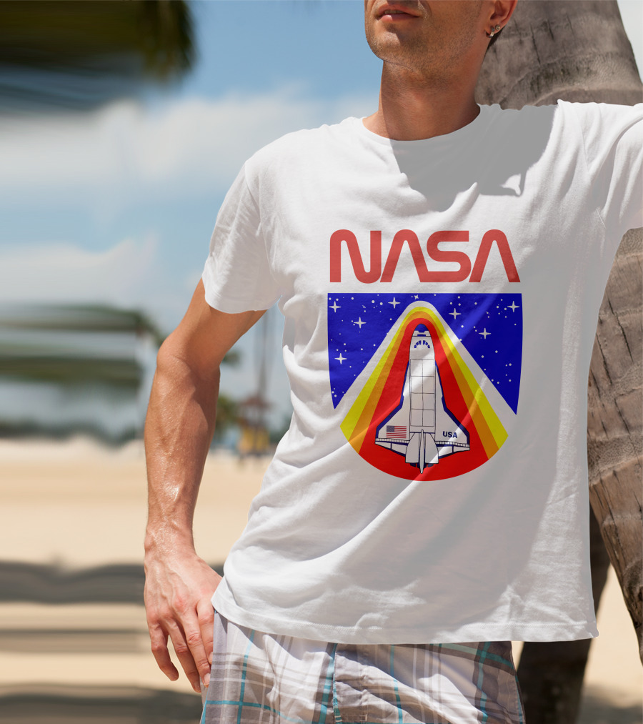 NASA Red Spaceship Emblem With Stars And Rainbow Trail T-Shirt