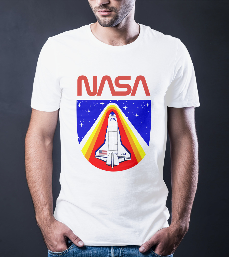 NASA Red Spaceship Emblem With Stars And Rainbow Trail T-Shirt