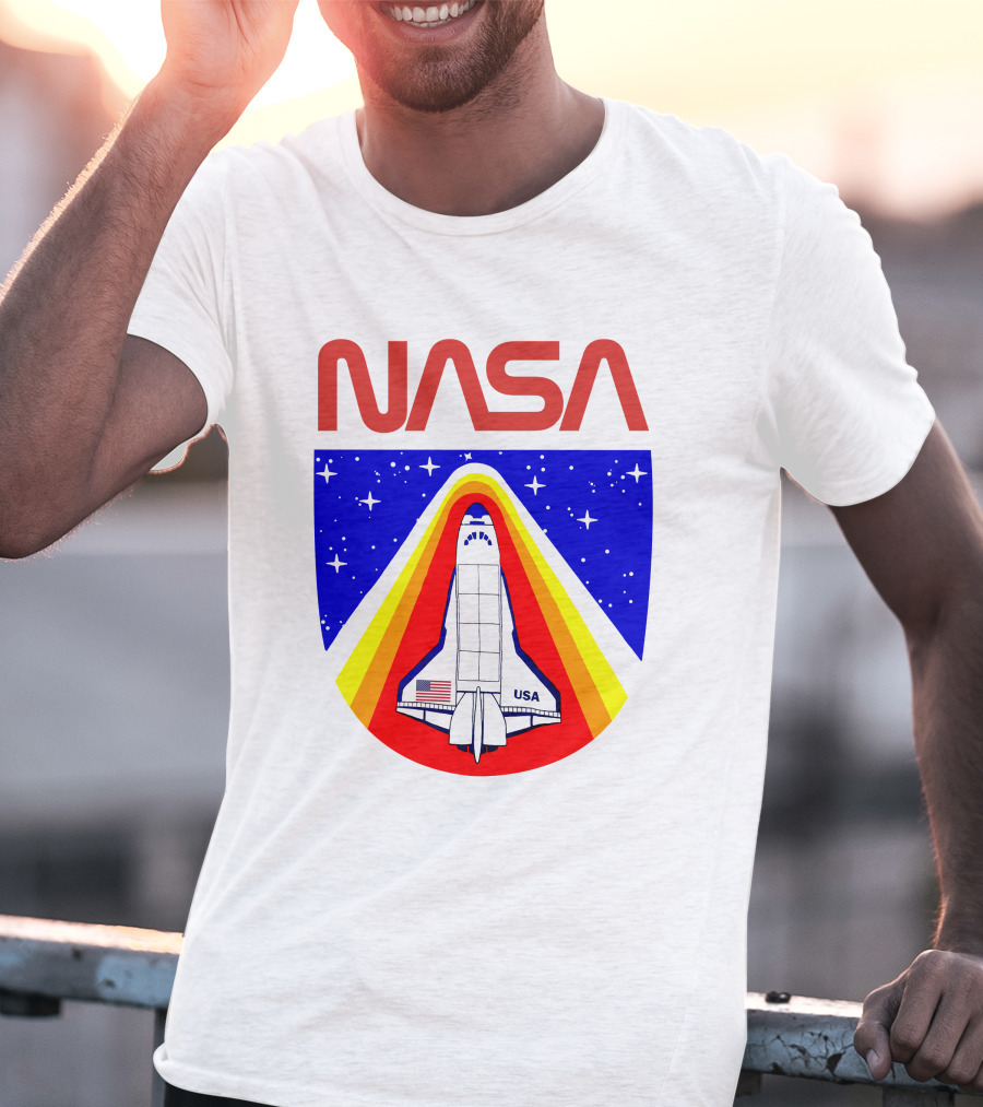 NASA Red Spaceship Emblem With Stars And Rainbow Trail T-Shirt
