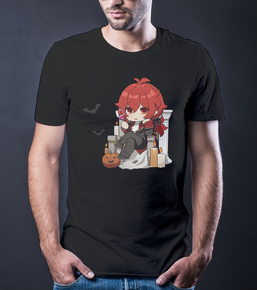 Genshin Impact Diluc Halloween Sitting With Wine And Jack-o'-Lantern T-Shirt