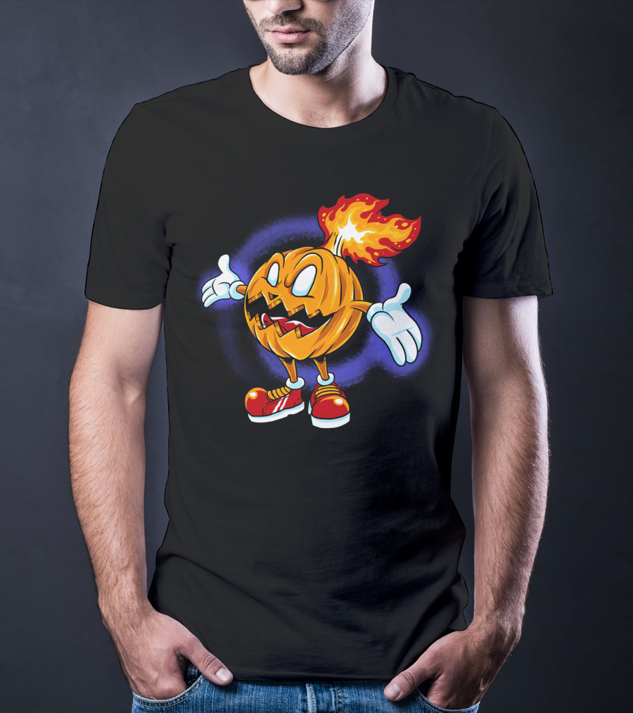 Halloween Pumpkin Fiery Character With Sneakers T-Shirt