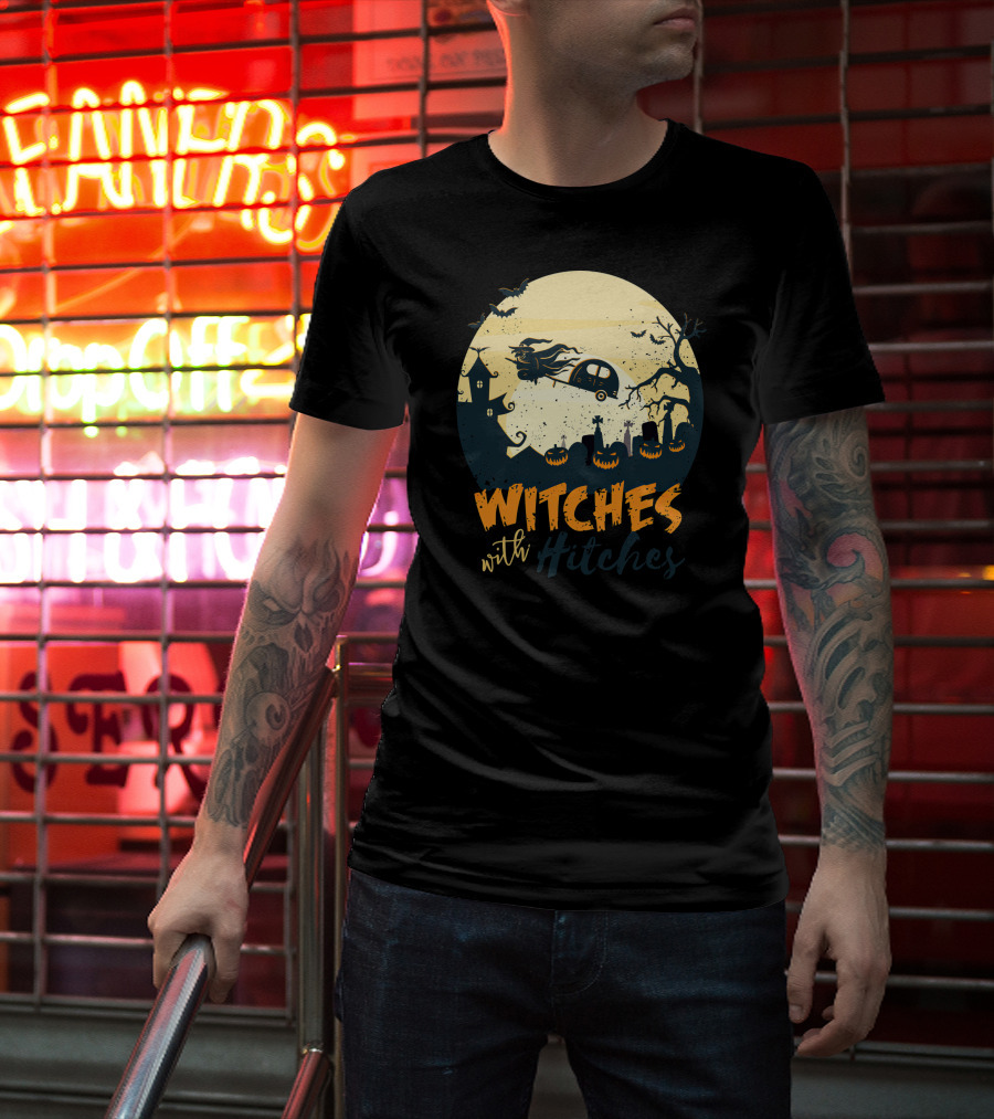 Witches With Hitches Halloween Camper Scene With Flying Broomstick And Spooky Graveyard T-Shirt