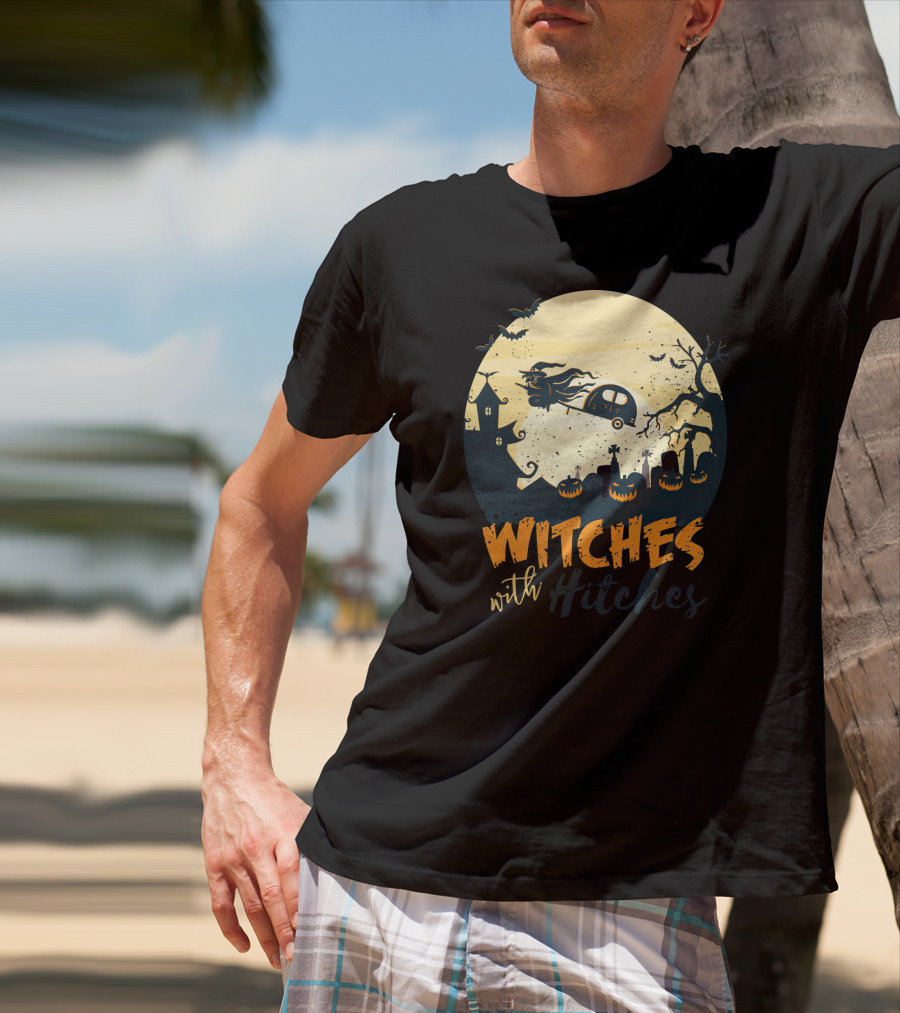 Witches With Hitches Halloween Camper Scene With Flying Broomstick And Spooky Graveyard T-Shirt