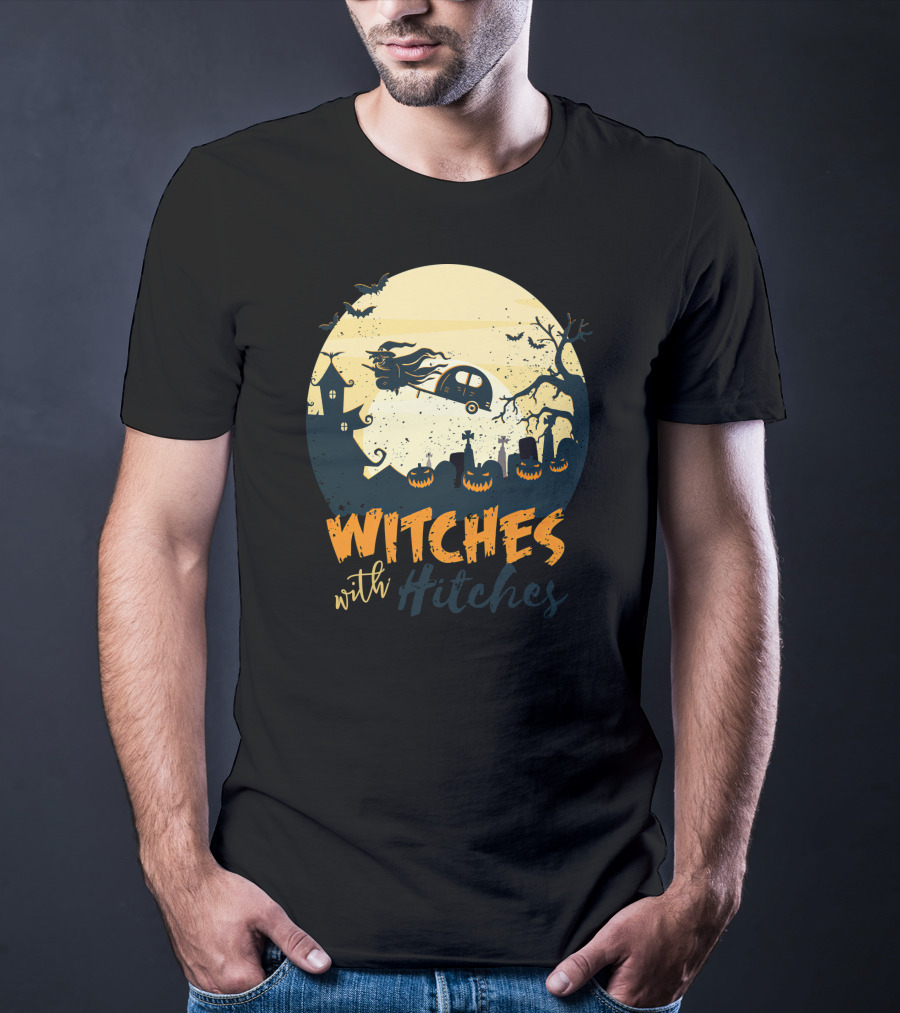 Witches With Hitches Halloween Camper Scene With Flying Broomstick And Spooky Graveyard T-Shirt