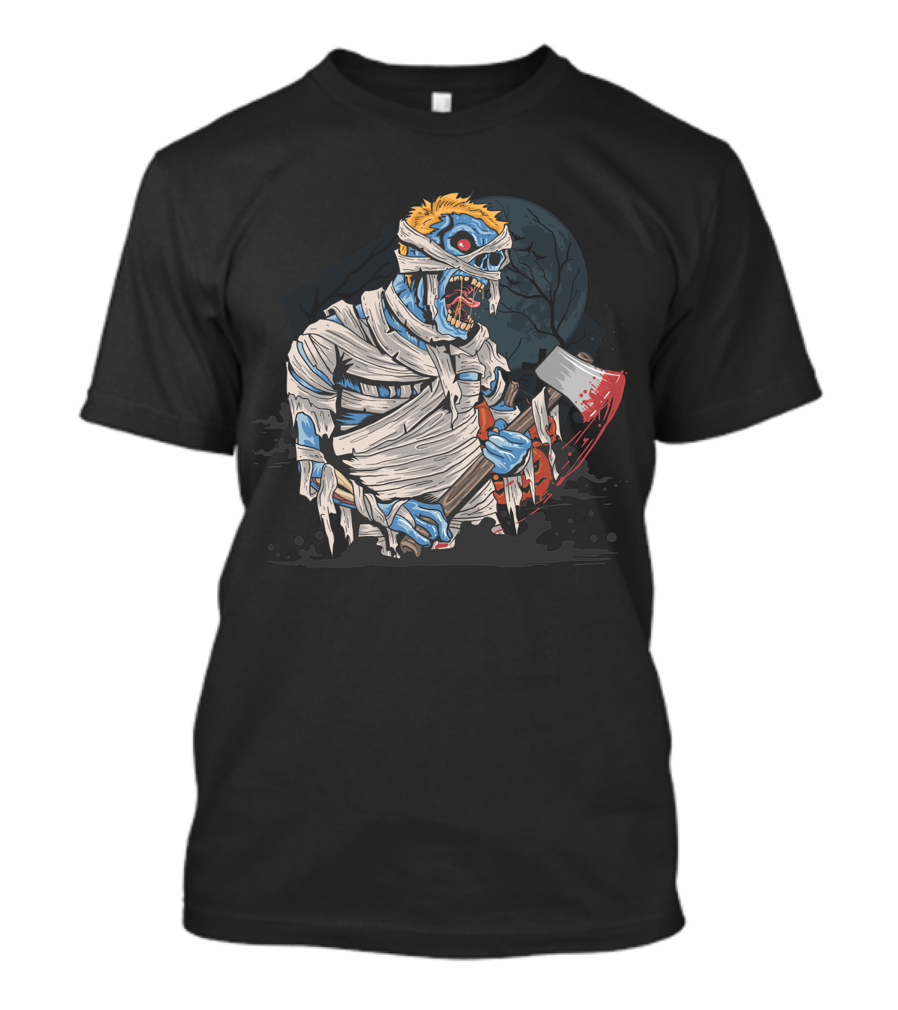 Zombie With Bloody Axe And Tattered Mummy Wrappings Under Full Moon T-Shirt