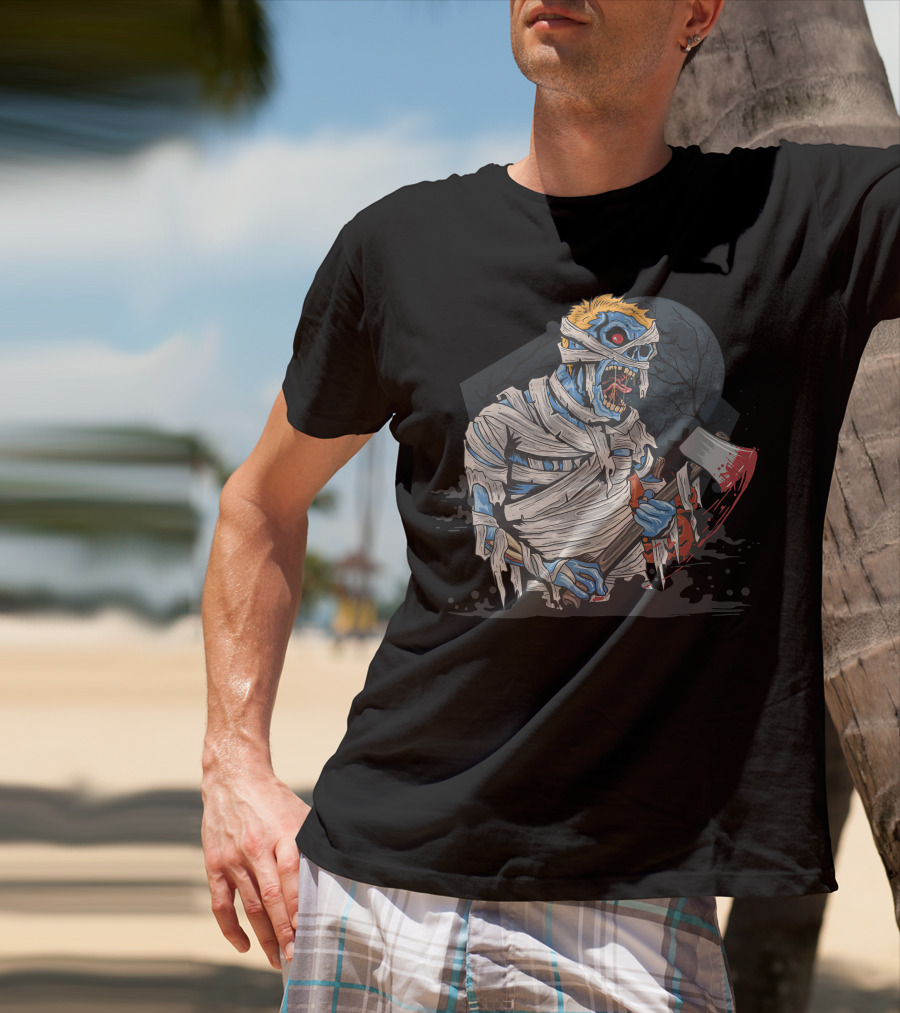 Zombie With Bloody Axe And Tattered Mummy Wrappings Under Full Moon T-Shirt