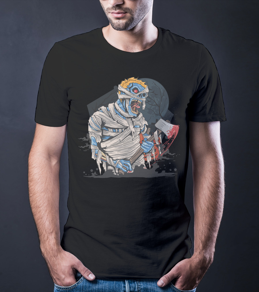 Zombie With Bloody Axe And Tattered Mummy Wrappings Under Full Moon T-Shirt