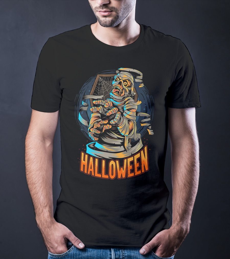 Halloween Scary Mummy With Web And Coffin T-Shirt
