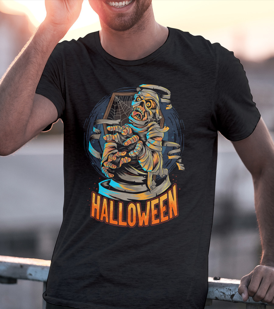 Halloween Scary Mummy With Web And Coffin T-Shirt
