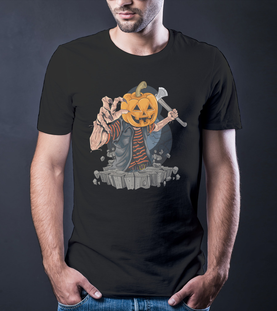 Pumpkin Head Zombie With Axe And Striped Shirt Emerging From Ground T-Shirt