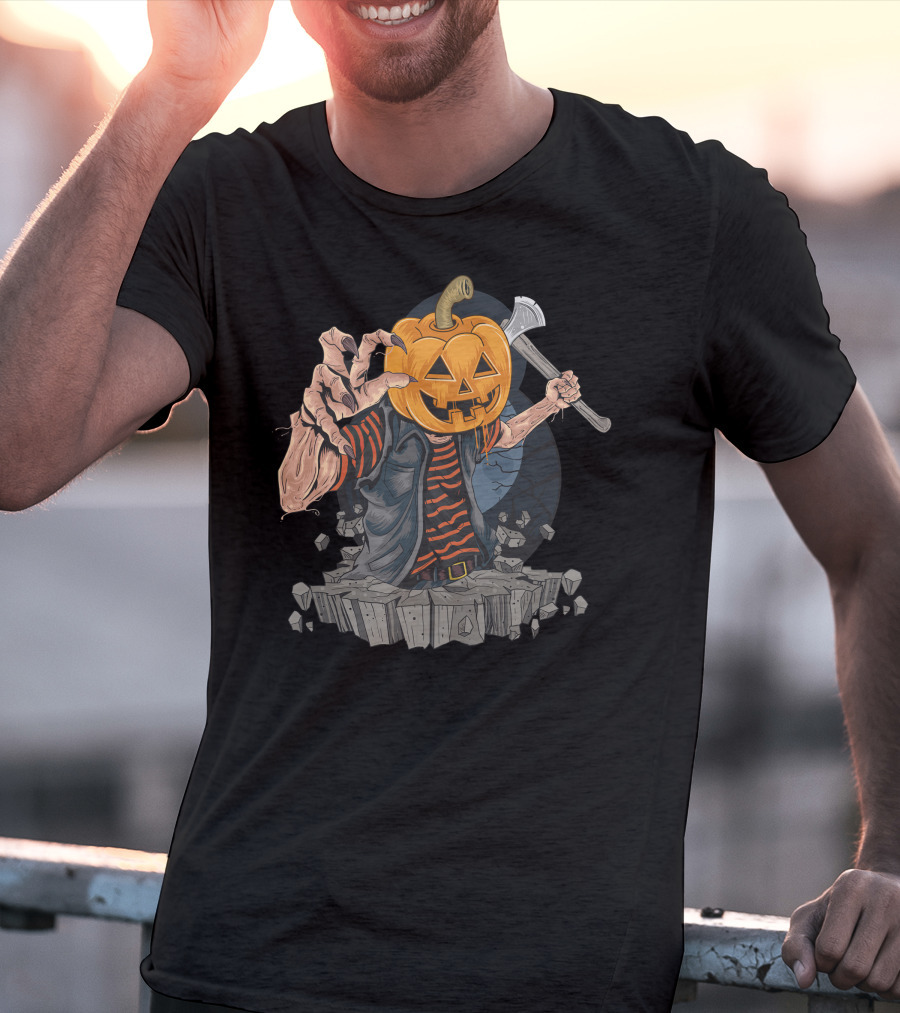 Pumpkin Head Zombie With Axe And Striped Shirt Emerging From Ground T-Shirt