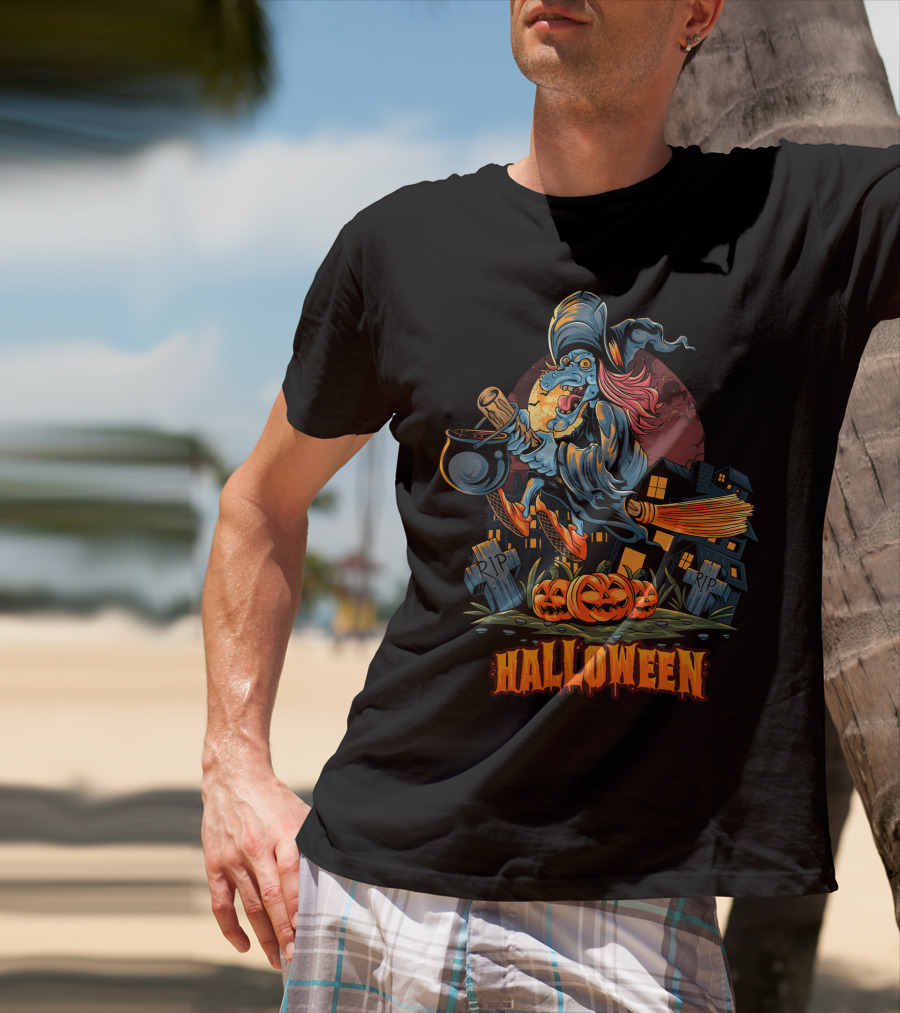 Spooky Halloween Witch Riding Broomstick With Pumpkins And Graveyard T-Shirt