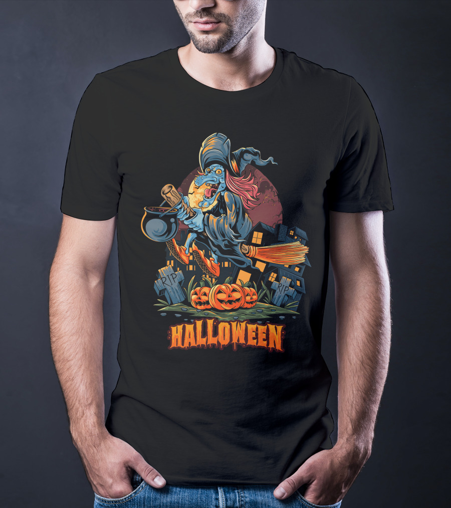 Spooky Halloween Witch Riding Broomstick With Pumpkins And Graveyard T-Shirt