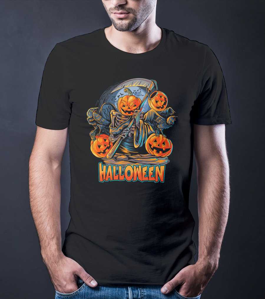 Grim Reaper Jack-O'-Lantern With Scythe And Ravens Halloween Scene T-Shirt